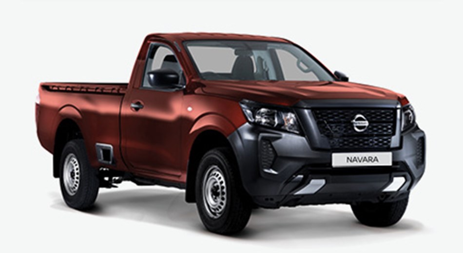 3/4 front view of red single cab Nissan Navara